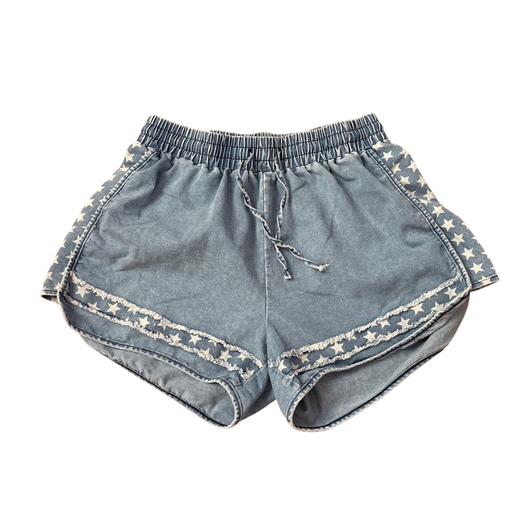 Grace & Emma Shorts Women Blue Star Print Trim Denim Look Boho SIZE M